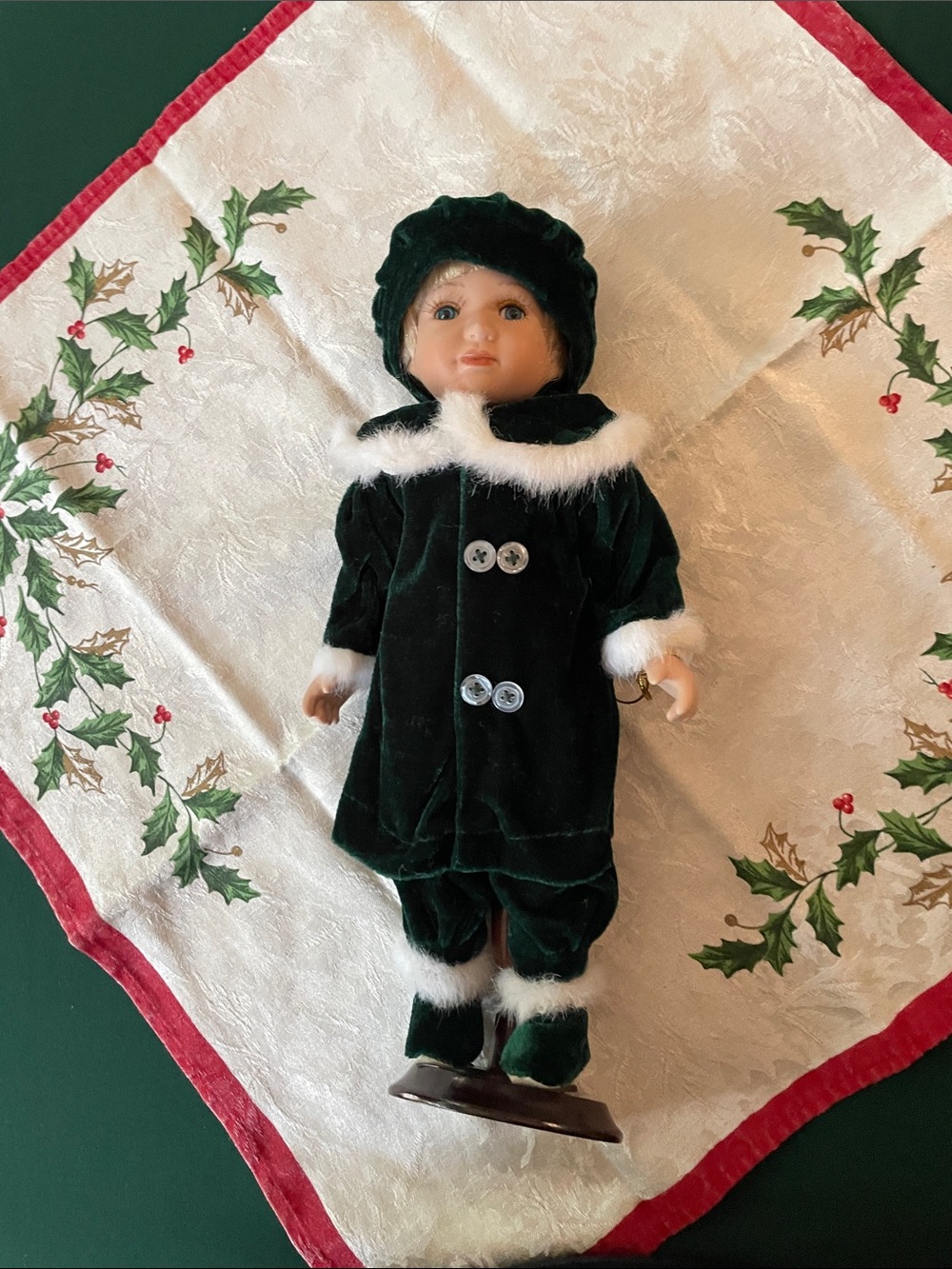 Vintage-Style Green Velvet Porcelain Holiday Doll with White Trim